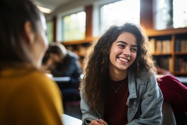 Photo unforgettable moments the joyful connection between female students in a university library