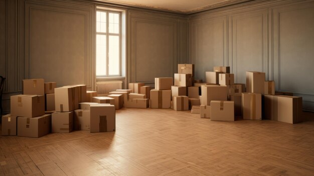 Unfurnished room with many large carton box AI generative