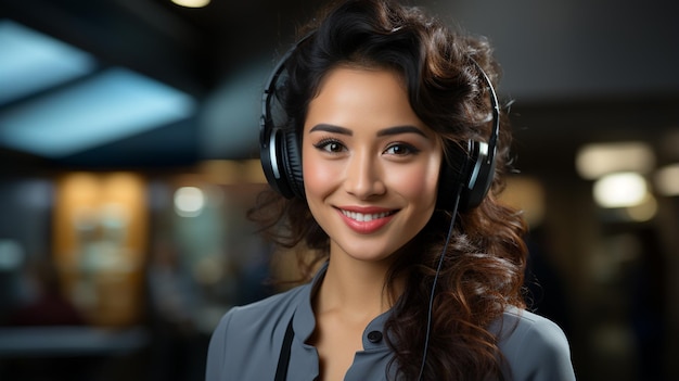 ung female customer service worker wearing headphones