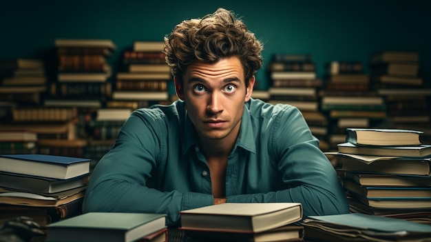 ung man sitting at desk with pile of books