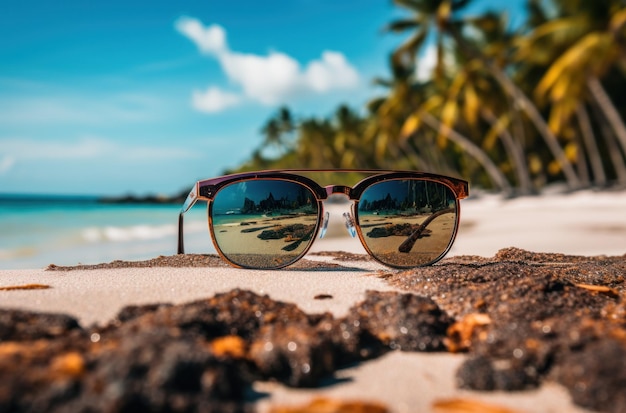 unglasses van verschillende stijlen die reflecteren op het strand en het bos