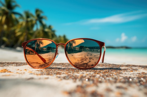 unglasses of various styles reflecting on beach and forest