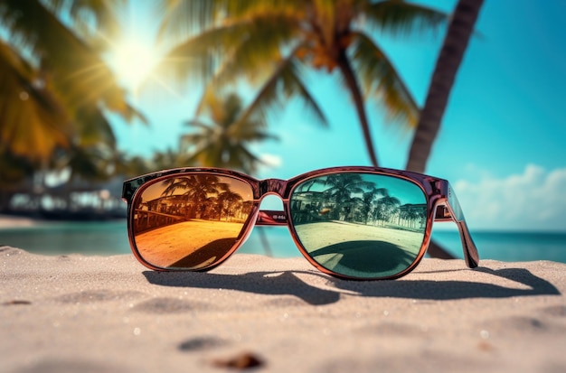 unglasses of various styles reflecting on beach and forest