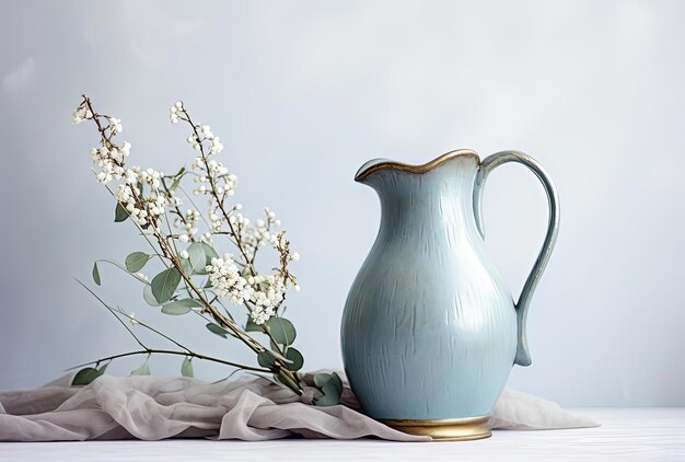 an unglazed pitcher with a small handle in the style of light aquamarine and gray