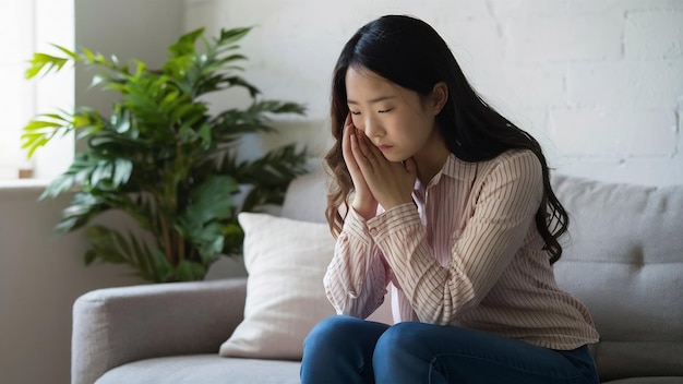 Unhappy asian pretty young woman siting alone on couch with feeling sadness