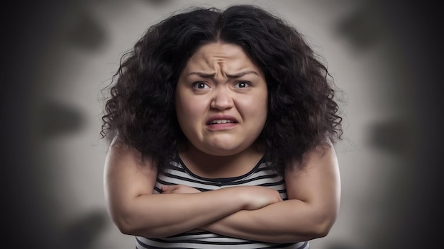 Unhappy curly haired woman crosses arms over stomach