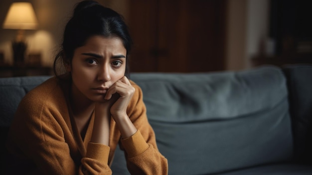 自宅のソファに一人で座っている手で頭を保持している不幸な落ち込んでいるインドの女性は、悪い関係を心配している若い女性を強調しました