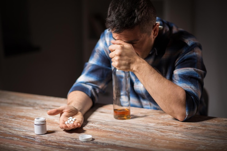 Photo アルコールと錠剤のボトルを持つ不幸な酔っぱらいの男