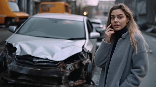 Фото Несчастная женщина-водитель звонит в страховую компанию по мобильному телефону после аварии генеративный ии