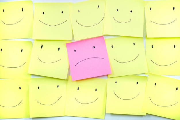 Unhappy and happy concept with sticky notes shape