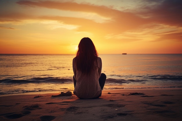 그녀는 일몰 우울증 개념에 해변에 앉아 불행한 외로운 우울한 여자