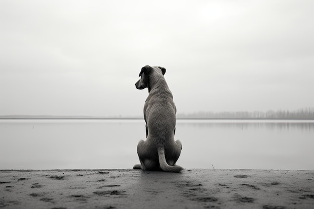 Photo an unhappy lonely dog on the shore of a pond