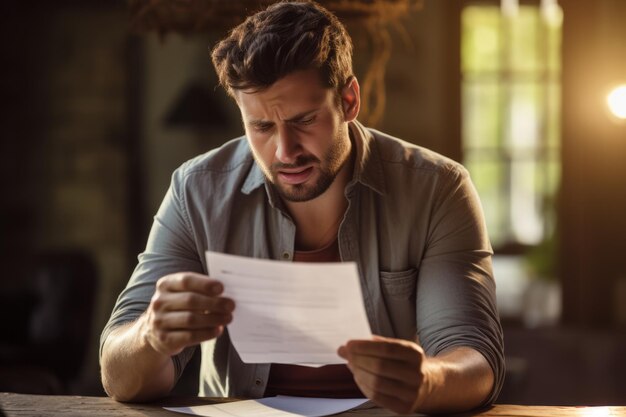 写真 不幸な男が手紙で悪いニュースを読むとマッサージで挫折します 動した男は通知や通知で悩まされます 挫折と郵便