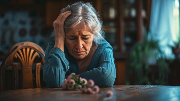 Unhappy old Caucasian woman sit at table at home cry feeling depressed sad suffer from life or health problems Upset lonely mature female distressed with loneliness solitude mourn yearn at home