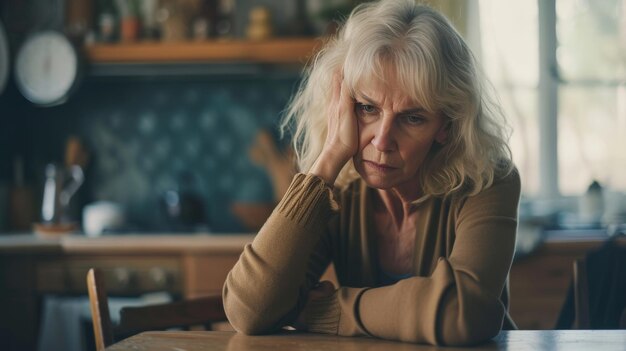 Unhappy old Caucasian woman sit at table at home cry feeling depressed sad suffer from life or health problems Upset lonely mature female distressed with loneliness solitude mourn yearn at home