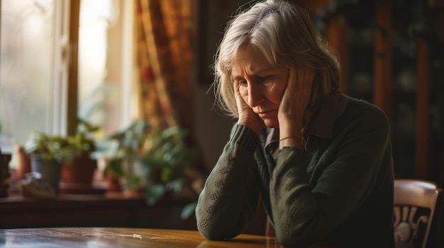 Photo unhappy old caucasian woman sit at table at home cry feeling depressed sad suffer from life or health problems upset lonely mature female distressed with loneliness solitude mourn yearn at home