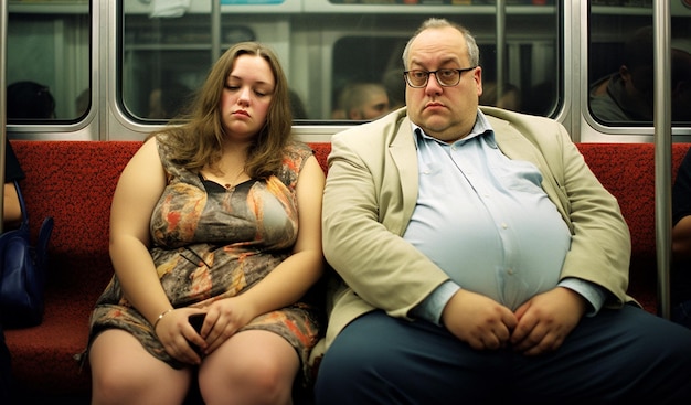 Unhappy overweight couple sitting in a modern intercity passenger train industrial railroad transpor