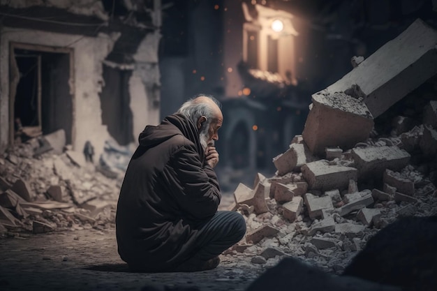 Unhappy people look at the destroyed house after the earthquake disaster Despair and tragedy Generative AI