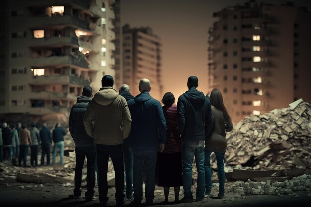 Unhappy people look at the destroyed house after the earthquake disaster Despair and tragedy Generative AI