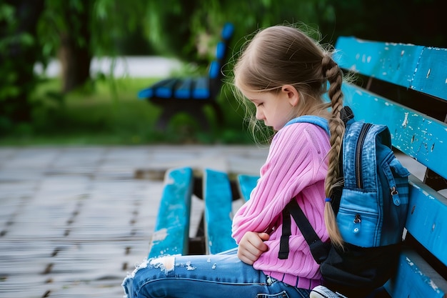 Photo unhappy and sad schoolgirl sitting on wooden bench in the park