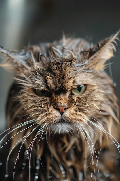 Photo unhappy wet cat after bathing