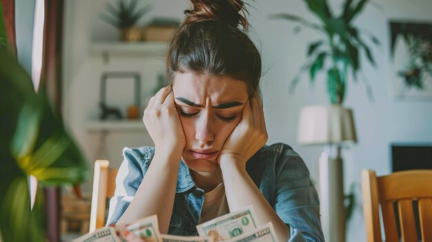 Unhappy woman holding cash stressed about joblessness at home Displeased lady with money saddened by poor income