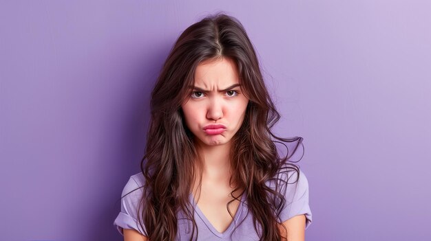 Unhappy young beautiful woman isolated on purple background copy space