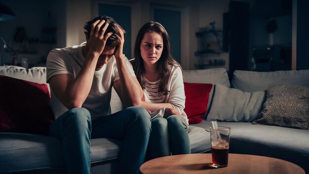 Unhappy young couple sitting in living room