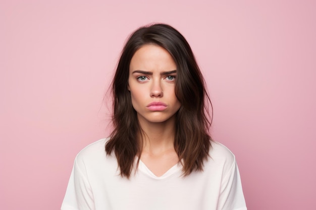 Unhappy young woman bad mood irritated problem raise eyebrow isolated on pink color background