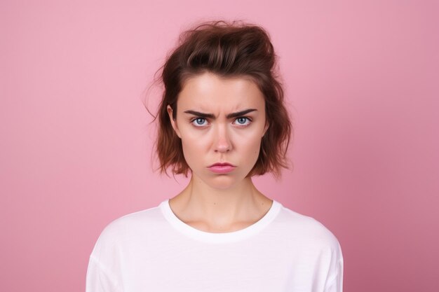 Unhappy young woman bad mood irritated problem raise eyebrow isolated on pink color background