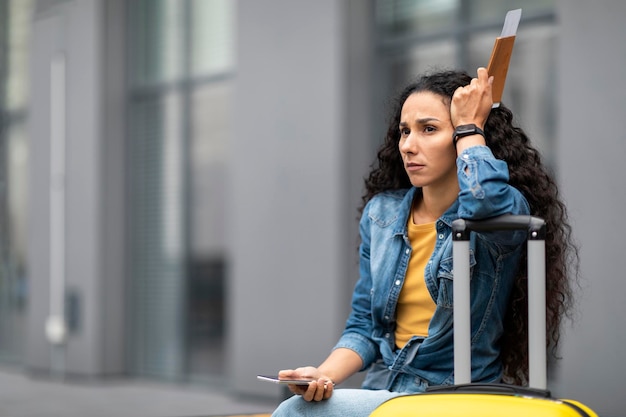 Photo unhappy young woman traveller sitting on bench waiting for flight