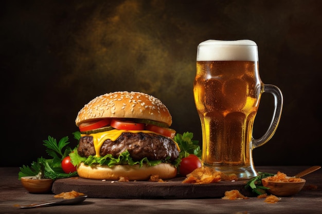 Unhealthy fast food tasty burger cold beer on stone background