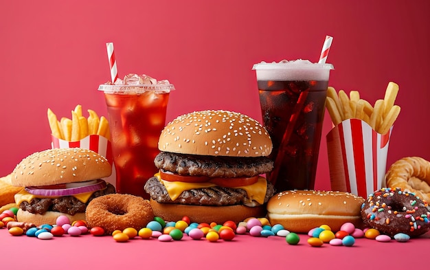 Нездоровая еда, гамбургеры, сода, сладости, конфеты, пончики и картошка фри.