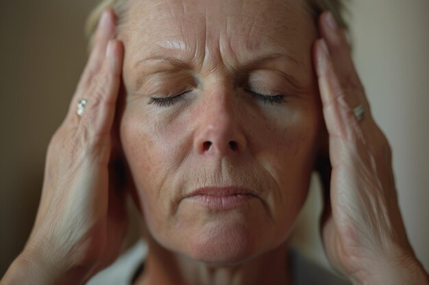 Photo unhealthy middle aged woman suffering from headaches