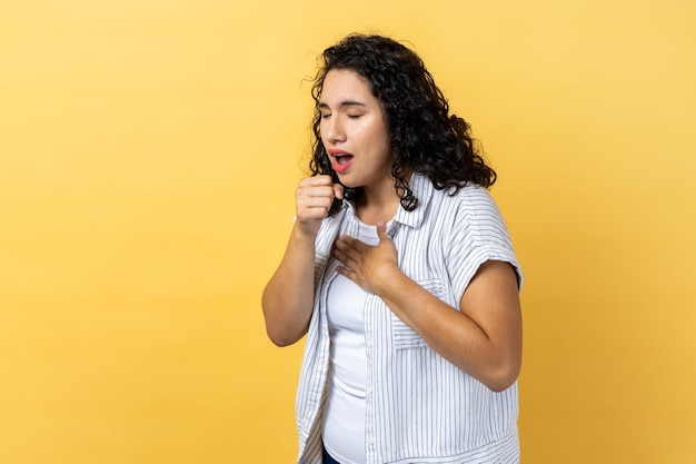 Unhealthy sick woman catching cold coughing having high temperature needs treatment