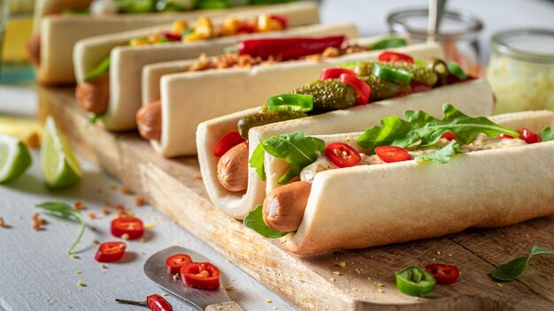 Unhealthy and tasty hot dogs with vegetables sauce and herbs