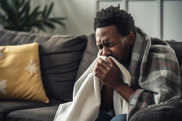 Unhealthy young African American man in blanket suffering from flu blowing nose with napkin on sofa