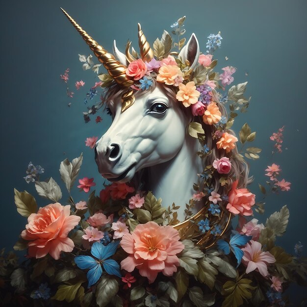 A unicorn adorned with a delicate wreath of fragrant blooms and lush foliage Ai Generated