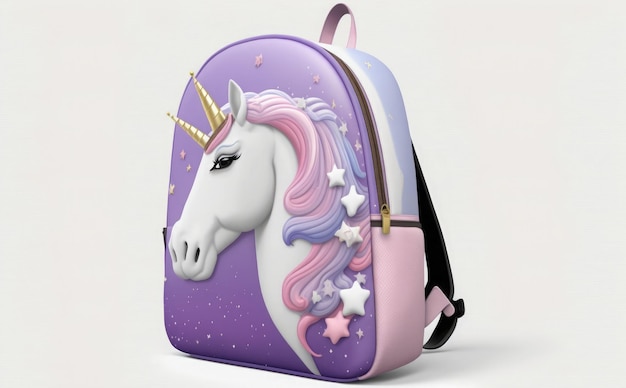 A unicorn backpack with a pink strap and stars on it.