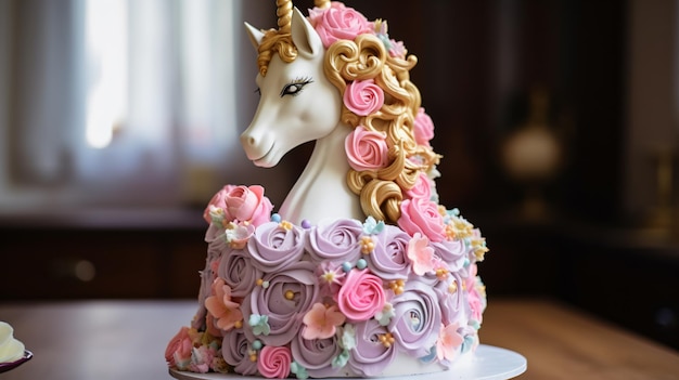 Unicorn birthday cake with flowers