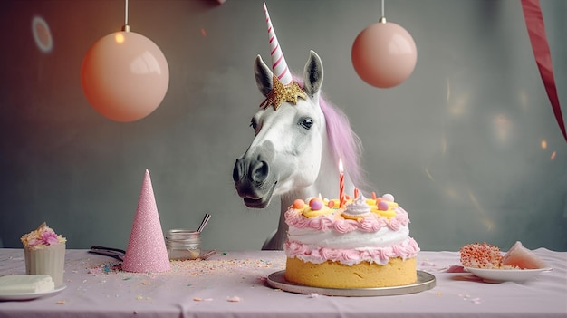 A unicorn birthday cake with a unicorn on the top.