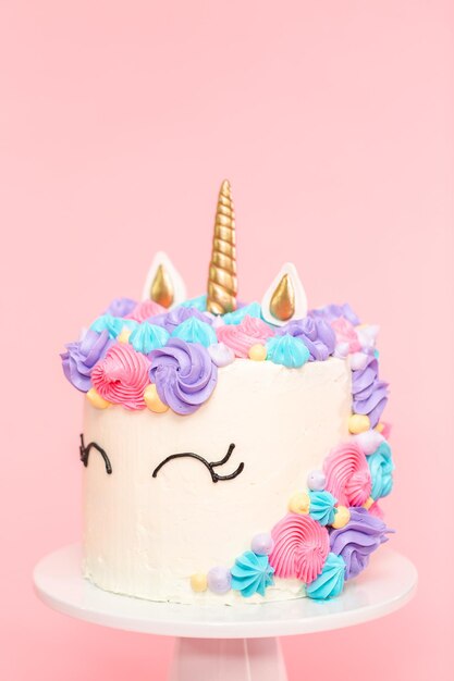 Unicorn cake decorated with multicolor buttercream icing.