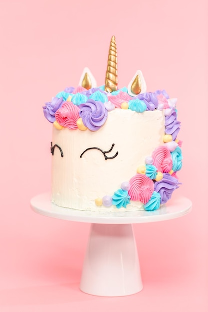 Unicorn cake decorated with multicolor buttercream icing.