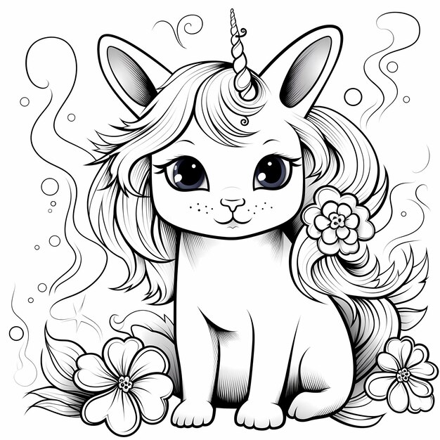 Photo unicorn cat coloring book page