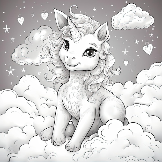 Photo unicorn in the clouds black and white illustration for coloring book