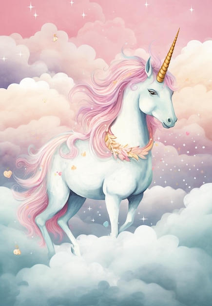 unicorn in the clouds with a pink mane and gold mane generative ai