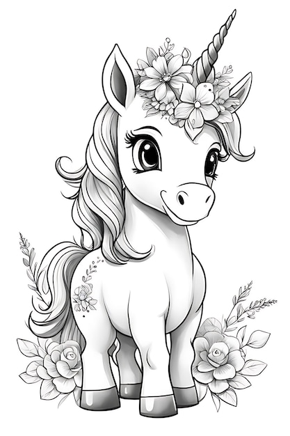 Photo a unicorn coloring page awaits coloring with flowers printable coloring page