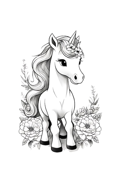 A unicorn coloring page Awaits coloring with flowers Printable coloring page