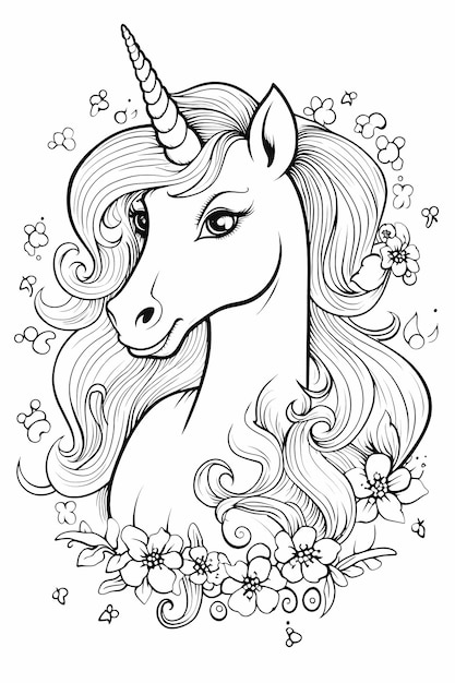 Photo unicorn for coloring page full frame no color black and white only