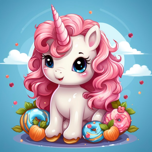 Unicorn Eating Doughnut Character AnimalCartoon Illustration For Printing